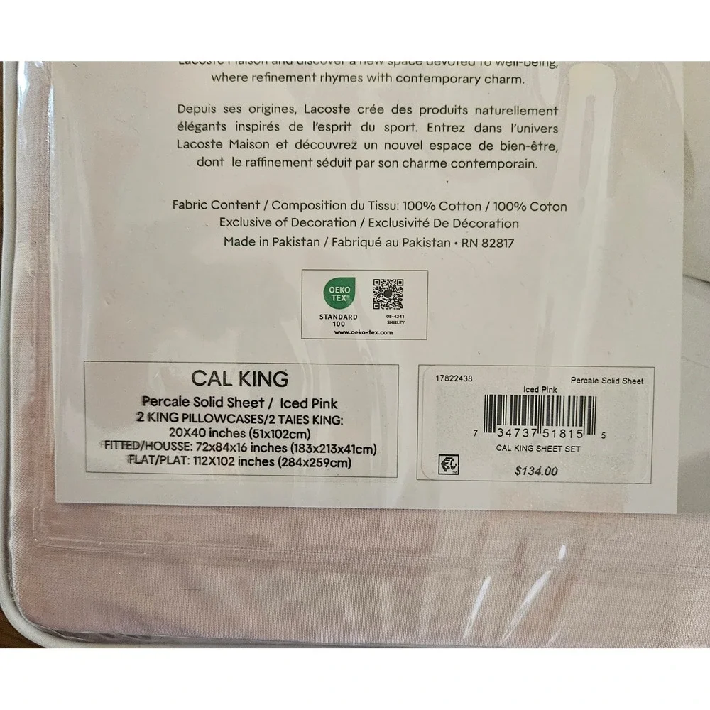 Lacoste 4pc Cal King Sheet Bedding Set Iced Pink Crocodile 100% Cotton Percale